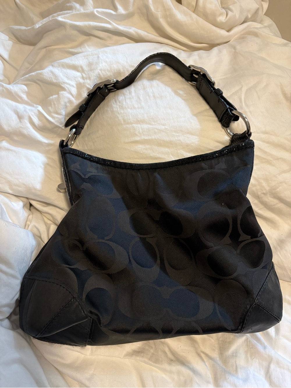 Y2K Coach Peyton Signature Sateen Shoulder Bag Black, Snakeskin Strap & Leather